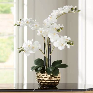Potted Faux White Phalaenopsis Artificial Flowers in Silver Gold Pot Home Decor - Picture 1 of 8