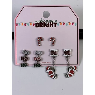 Christmas Holiday Earrings Set Candy Cane Santa Claus Ho Ho Ho Nickel Free - Image 1 of 4