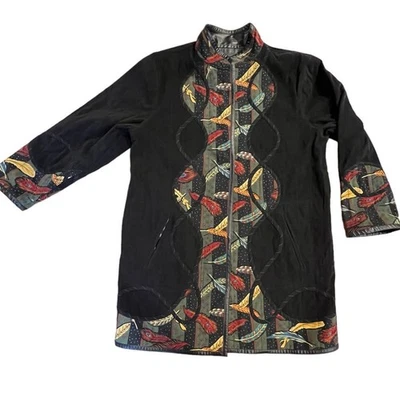 Vintage Koos Of Course! Black Feathers Reversible Vinyl & Polyester Jacket Large - Image 1 of 4