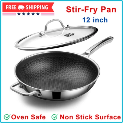 Wok Pan Hybrid 12 inch Wok With Lid Cover Stir-Fry Pans Nonstick Stainless Steel