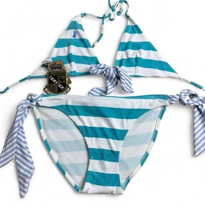 Biquíni feminino listrado Juicy Couture tamanho médio Y2K novo com etiquetas - Imagem 1 de 4