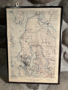 ANTIQUE 1945 Reprint SNOHOMISH PUGET SOUND TOPO MAP U.S. Dept Of Interior FRAMED - Picture 1 of 18