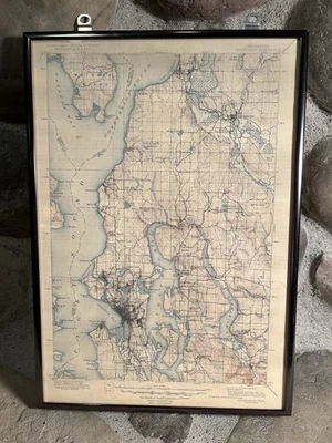 ANTIQUE 1945 Reprint SNOHOMISH PUGET SOUND TOPO MAP U.S. Dept Of Interior FRAMED - Image 1 of 4