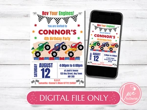 DIGITAL Monster Trucks PERSONALISED Invitations - Boys Birthday Party Invites - Picture 1 of 5