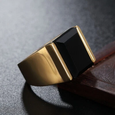 男式印章戒指复古不锈钢黑石鸡尾酒会尺寸 7-12 — 第 1/4 张图片