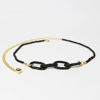 Cintura nera donna gioiello sottile elegante con brillantini strass e catena oro - Immagine 1 di 4