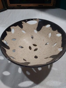 Obstschale signiert Verna handbemalt beige & gesprenkelt schwarz Tropfglasur 1 Pfund 10 Unzen - Bild 1 von 15