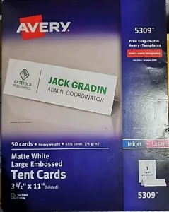 Avery Large Embossed Tent Card White 3 1/2 x 11 1 Card/Sheet 50/Box 5309 - Picture 1 of 1