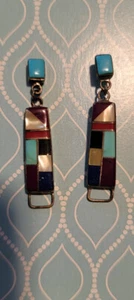 VINTAGE SOUTHWEST EARRING RECTANGLE GEOMETRIC PATTERN 6 INLAID STONES STERLING - Picture 1 of 5