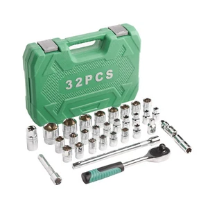 32pcs 1/2" 1/4" 3/8" Socket Drive Tool Kit Mechanics Tools Ratchet Sockets Set - Picture 1 of 8