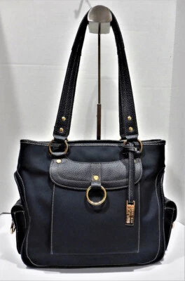 Maxx New York Navy Blue Leather & Canvas Multi-Pocket Shoulder Tote Bag - EUC - Image 1 of 4
