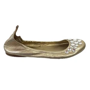 Miu Miu Gold Leather Ballet Flats Crystal Embellishments U.S. 10 Feminine Girly - Picture 1 of 18