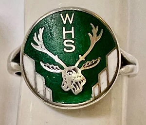 OLD VINTAGE GREEN AND WHITE ENAMEL WHS HIGH SCHOOL MOOSE RING GO MOOSE! SIZE 5.5 - Picture 1 of 7