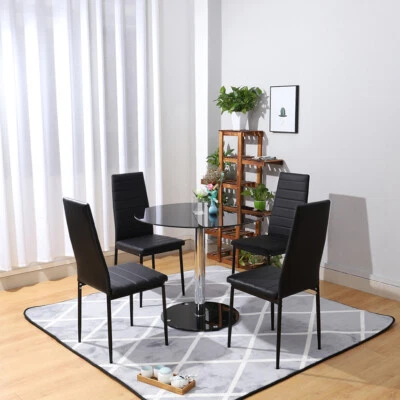 Modern Glass Round Dining Table 2/4pcs Leather Chairs Kitchen Cafe Furniture - Image 1 of 4
