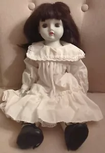 Vintage 16 In Porcelain Bisque Girl Doll Dark Brown Hair Musical Box Dress Shoes - Picture 1 of 24