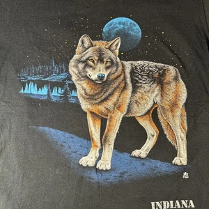 1987 LSJ Sportswear Wolf Moon Graphic T-SHIRT L Indiana Black Single Stitch USA - Picture 1 of 6