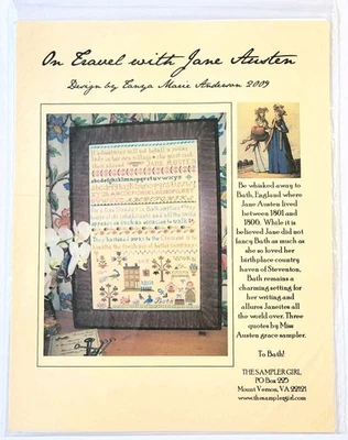 THE SAMPLER GIRL ON TRAVEL WITH JANE AUSTEN SAMPLER CROSS STITCH PATTERN - NEW - Image 1 of 3