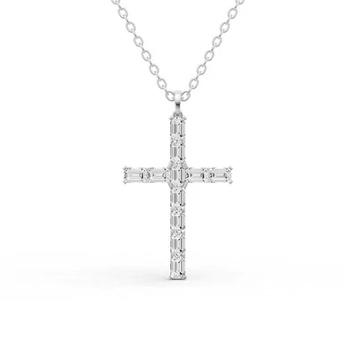 Colgante Cruz Diamante Cultivado Laboratorio Corte Esmeralda 3Ct Oro Blanco 14K Foto 1 de 2