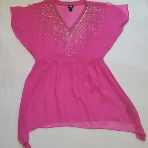 H&M Sz 14 TUNIC TOP Sheer Pink JEWELED V-Neck Butterfly Sleeve Empire Shirt - Picture 1 of 5