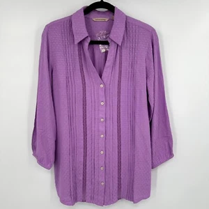 Soft Surroundings Top Womens Small Purple Swiss Dots Pleated Collar Button Front - Picture 1 of 10