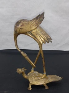 Antique Japanese Gilt Bronze Crane on Dragon Turtle Candlestick 19th Century - Picture 1 of 8