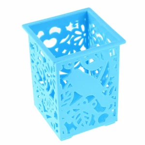 Desk Plastic Hollow Out Flowers Design Pencil Pen Holder Container Blue - Picture 1 of 3