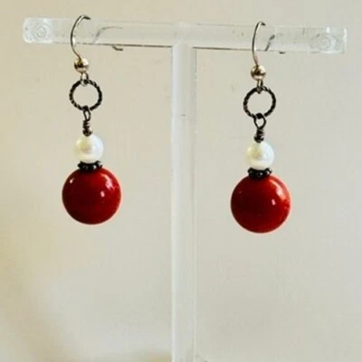 VTG Red Sponge coral Pearl Earrings Dangle Pierced beaded Silver 925 sterling - Image 1 of 4