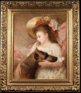 LOUIS PIOT (1867-1947) ENORME LIENZO AL ÓLEO FRANCÉS FIRMADO - RETRATO NIÑA Y SU PERRO - Imagen 1 de 11