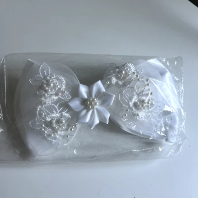 NEW Vintage Oversized Hair Bow Barrette Satin Lace Flower Wedding Bridal White - Image 1 of 4