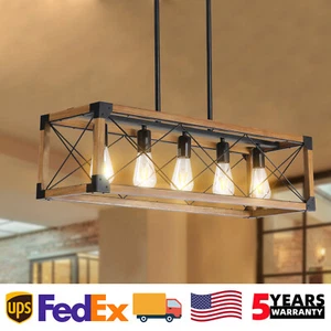 5 Light Farmhouse Pendant Walnut Rectangle Chandelier Kitchen Island Fixture - Picture 1 of 8