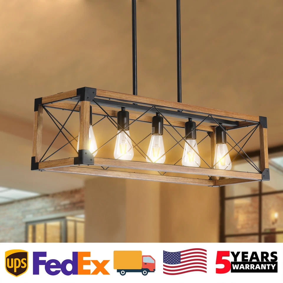 Lámpara de araña rectangular de nogal colgante de 5 luces para isla de cocina Foto 1 de 4