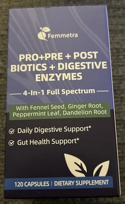 Novo Femmetra 4 em 1 saúde intestinal, enzimas probióticos, prebióticos 120 cápsulas - Imagem 1 de 4