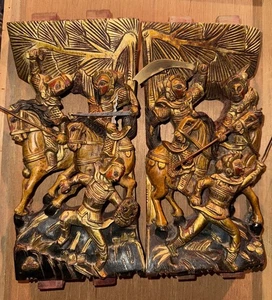 Chinese Antique Pair Hand-Carved Wall Plaque Gold Gilt Wood Panel 6x12 Wax Stamp - Picture 1 of 15