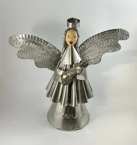 VTG Mexican Folk Art Tin Angel Tree Topper Hand Painted Face 10.5” Figurine - Picture 1 of 7