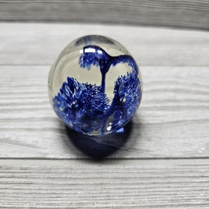 Glass Paperweight Blue and Clear Swirl and Flower Round 2 Inchs 9oz - Picture 1 of 9