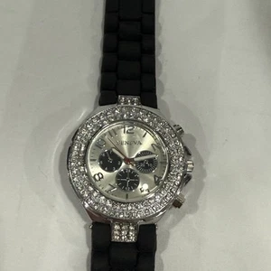 Reloj deportivo para mujer estilo diseñador Geneva correas de goma negras con cristales - Imagen 1 de 5