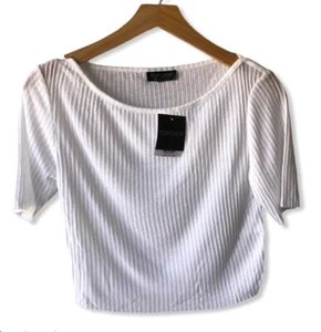 NEW Topshop Women’s Crop Top Size 6 White Ribbed Short Sleeve Shirt NWT Stretch - Picture 1 of 9