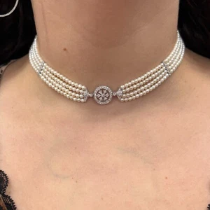 Estate 18k White Gold Multi Strand Pearl Diamond Choker Necklace - Picture 1 of 5