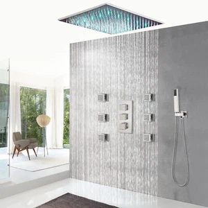 Shower Faucet Set LED Rain Head Combo Thermostatic Mixer Valve with Massage Jets - Picture 1 of 171