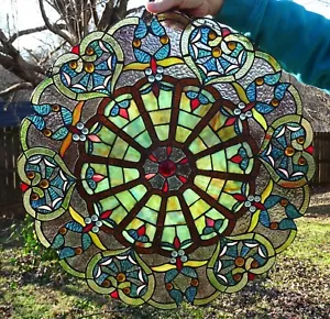 22" Stained Glass Window Panel Victorian Tiffany Style Round Suncatcher ArtGlass - Picture 1 of 5