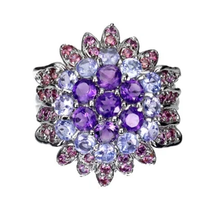 925 Sterling Silver Ring Round Amethyst Rhodolite Garnet Tanzanite Gemstone Sz 7 - Picture 1 of 14