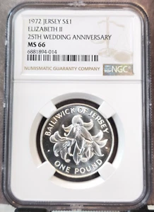 1972 JERSEY SILVER 1 POUND 25TH WEDDING ANNIVERSARY NGC MS 66 BEAUTIFUL GEM COIN - Picture 1 of 3