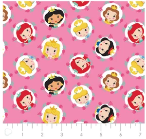 Disney Princess Kawaii: Princess Frames on Pink- By Camelot Fabrics Sold BTY - Picture 1 of 1