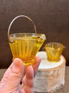 2 Vintage MCM Art Glass Amber COAL SCUTTLES Small Baskets Trinket Dish w/Handles - Picture 1 of 15