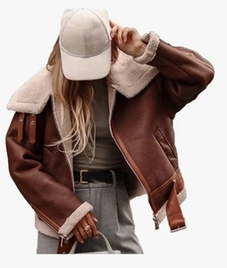 Women Faux Leather Shearling Sheepskin Jacket - Picture 1 of 2