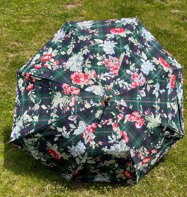 De Colección Ralph Lauren Paraguas Floral A Cuadros Verde Azul Marino Sombrilla Madera Bastón Mango Foto 1 de 4