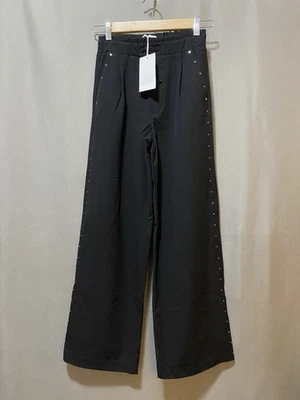 NUEVO CON ETIQUETAS ZARA Niñas Cintura Elástica Elástica Sarga Tachonada Pierna Ancha Pantalones Talla 12-13 Negro Foto 1 de 4