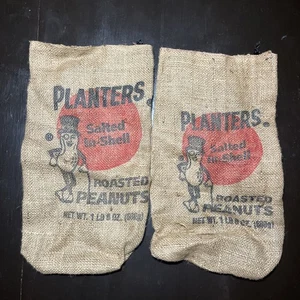 Vintage Pflanzgefäße geröstet MR. Erdnuss Sackleinen Sack gesalzen in Schale Set (2) LESEN - Bild 1 von 8