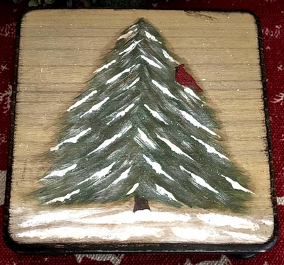 *~* HAND PAINTED SNOWY TREE *~* CARDINAL *~* HOLIDAY  *~*  MEDIUM RISER - Image 1 of 4