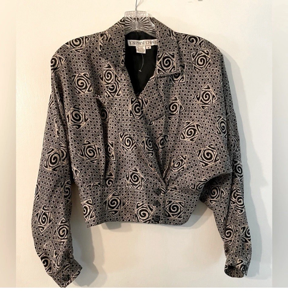 Blusa geométrica vintage Josephine Chaus 100 % seda ala de murciélago manga dolman talla 8 Foto 1 de 4